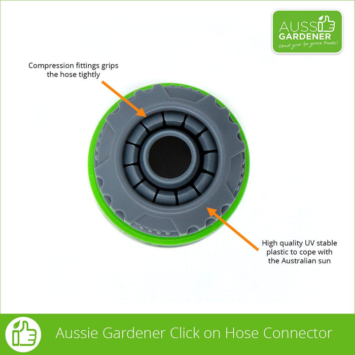 Aussie Gardener click on hose connector with stop Aussie Gardener