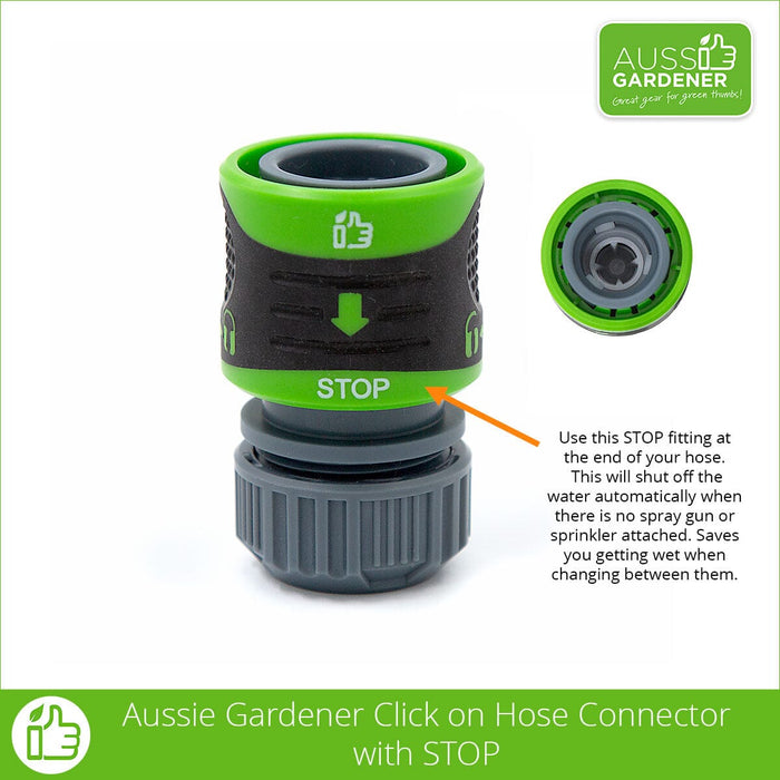 Aussie Gardener click on hose connector with stop Aussie Gardener