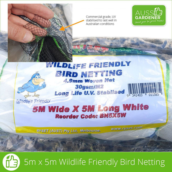 Wildlife Friendly Bird Netting ryset 5 x 5m White