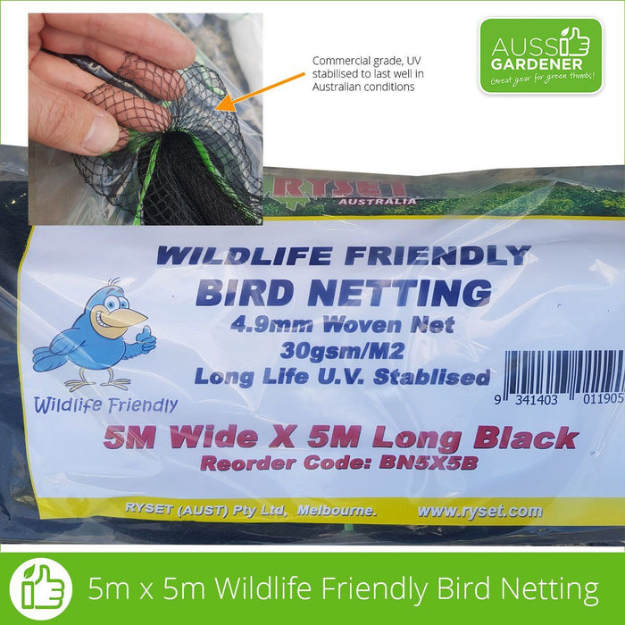 Wildlife Friendly Bird Netting ryset 5 x 5m Black