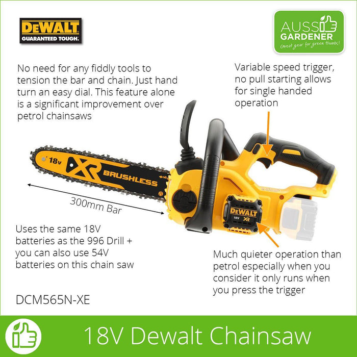 Dewalt 18V XR Li-Ion Brushless Chainsaw - Bare Unit without batteries- DCM565N-XE Dewalt Power Tools Stanley Black & Decker (Australia) Pty Ltd