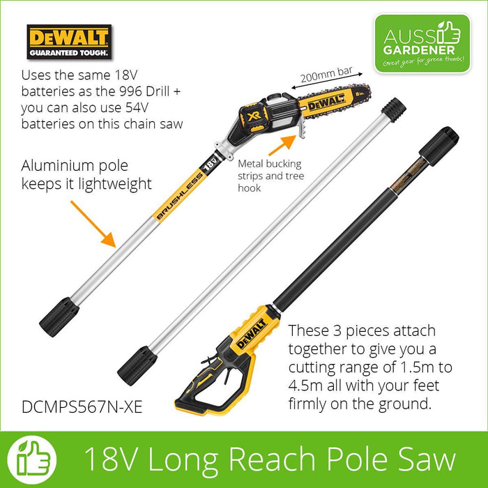 Dewalt 18V XR Brushless Pole Saw - Bare Unit without batteries DCMPS567N-XE Dewalt Power Tools Stanley Black & Decker (Australia) Pty Ltd
