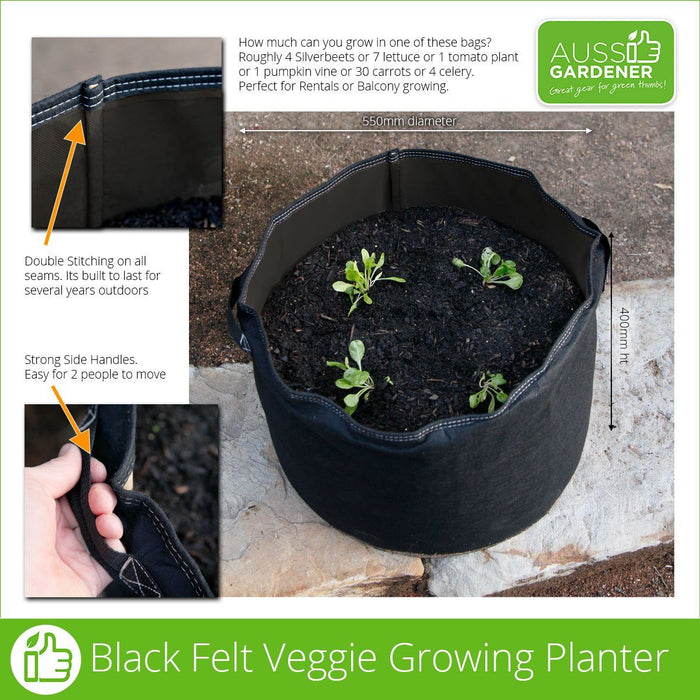 Photo showing double stitching and strong side handles that make it easy for two people to move. Text says per bag you can grow roughly 4 Silverbeets or 7 lettuce or 1 tomato plant or 1 pumkin vine or 30 carrots or 4 celery, perfect for rentals or balcony growing.