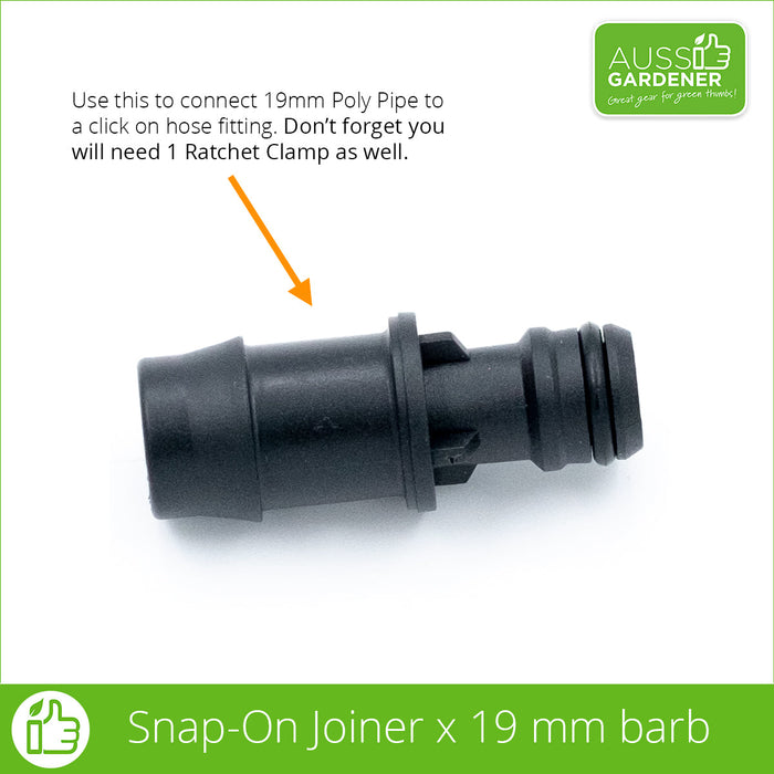 Click-On Joiner to connect 19mm pipe to a garden hose Irrigation Antelco