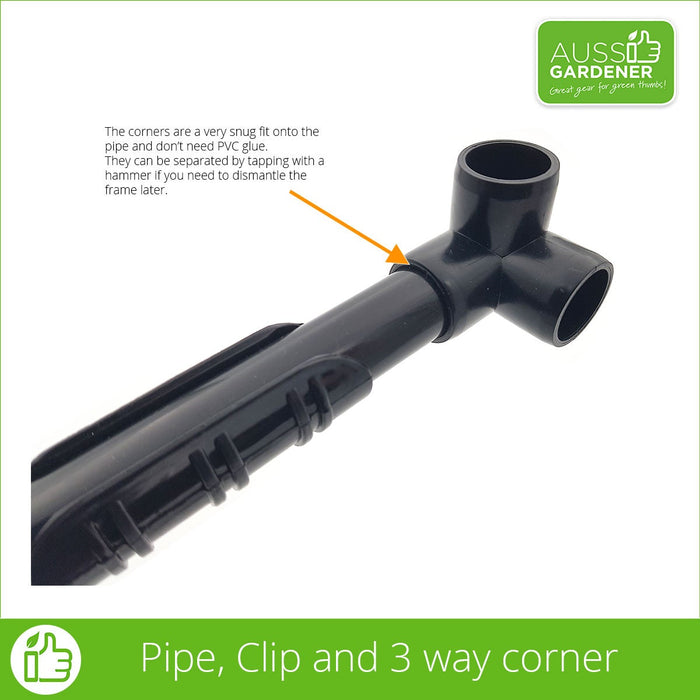 Close up photo of the pipe, connector and clamp. Each piece creates a snug fit so no glue is required, and disassembly can easily be done by tapping the frame with a hammer.