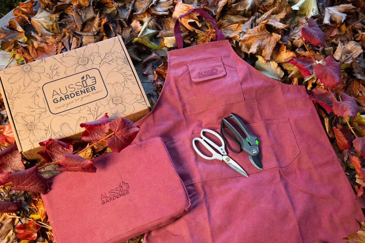 Aussie Gardener Gift Set items lay flat arrangement on autumn leaves.