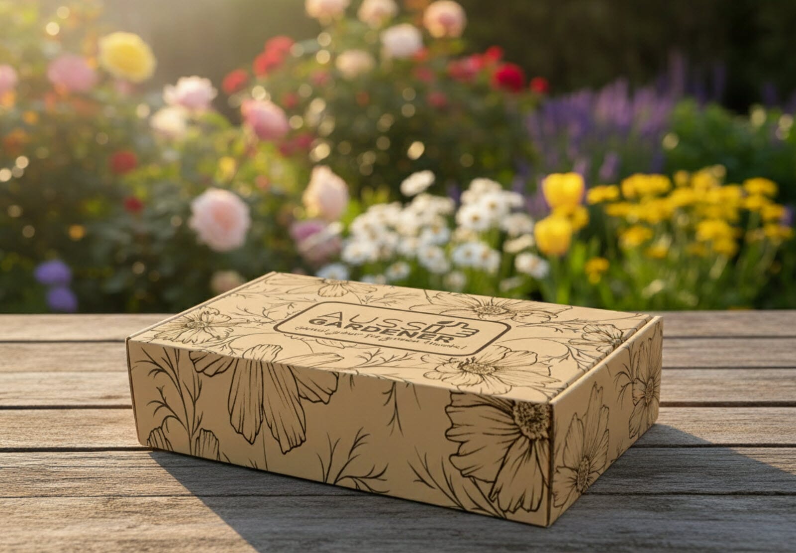 Deluxe Aussie Gardener Gift Set cardboard box with floral design in floral background