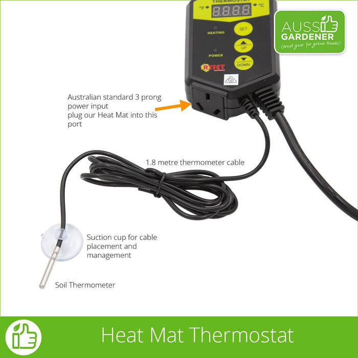 Heat Mat Thermostat layed out, focusing on the thermometer cable and power output plug for the heat mat to plug into