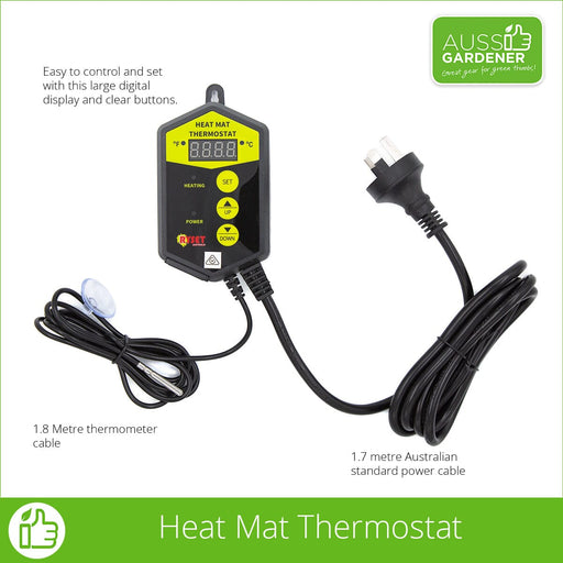 Heat Mat Thermostat, layed out. showing all components of the thermostat, control unit, power cable and thermometer cable