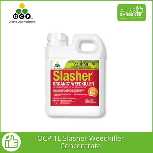1 liter of OCP Slasher Organic Weedkiller Concentrate container with labels on a white background
