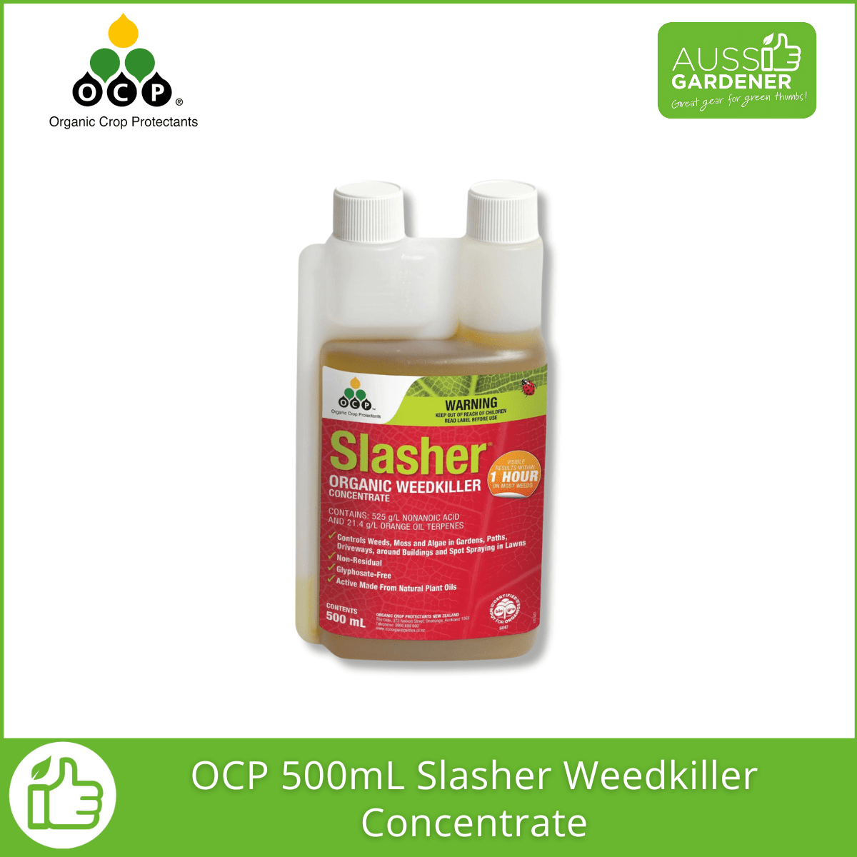 500mL of OCP Slasher Organic Weedkiller Concentrate container with labels on a white background