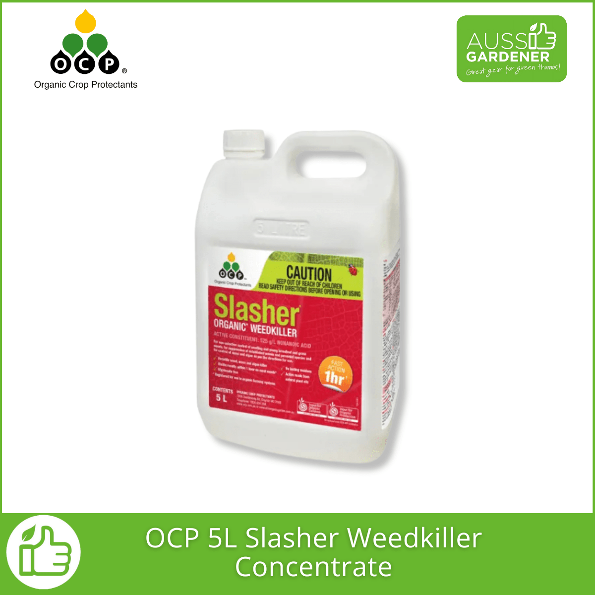 5 liters of OCP Slasher Organic Weedkiller Concentrate container with labels on a white background