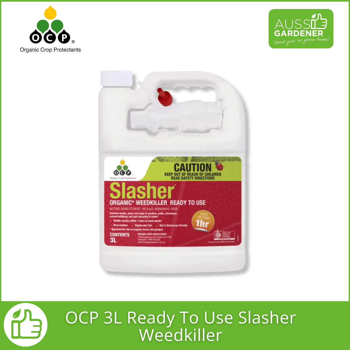 3 liters of OCP ready to use slasher weedkiller container with labels on a white background