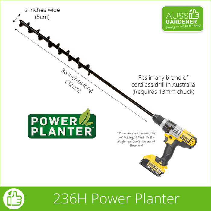 Picture showing 236H Power Planter connected to DeWalt drill. Auger is 2 inches wide and 36 inches long.