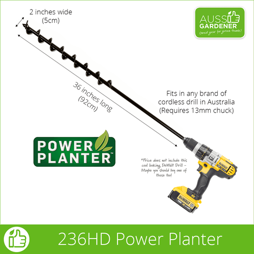 Picture showing Power Planter Auger 236HD connected to a DeWalt drill