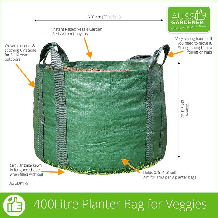 Details and size of 400 Litre Planter bag to create an instant raised vegetable garden