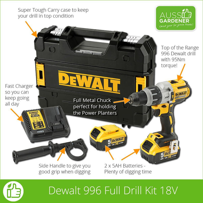 Dewalt 996 Top of the range Cordless Drill Kit Details - DEWALT's most powerful 18V XR Li­ Ion Brushless XRP hammer drill/driver. Includes side handle and 13mm chuck to fit any of the Power Planter Range
