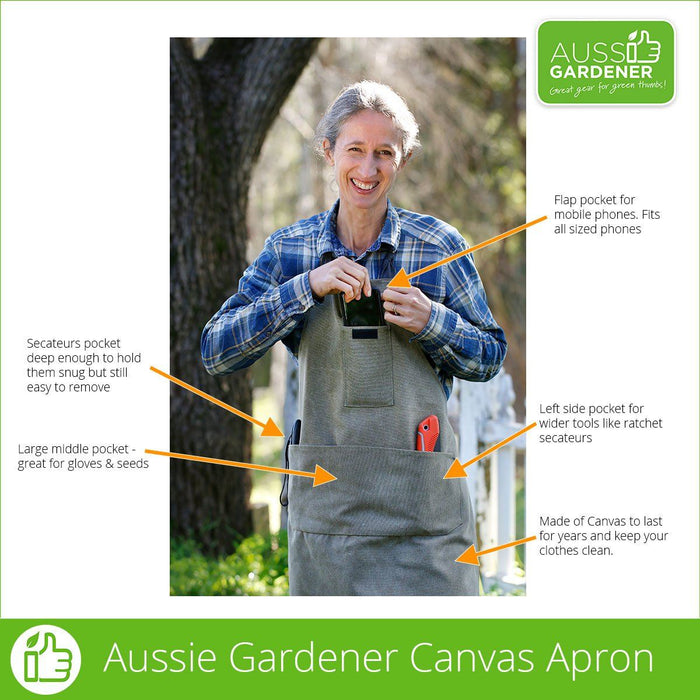 Photo demonstrating Velcro phone pocket at chest level that fits all sized phones. A waist level Secateurs pocket deep enough but still easy to remove. A Large middle pocket for gloves and seeds and snacks. A Left side pocket for wider tools like Kitchen herb Scissors or folding handsaws. The gardeners Apron is made from canvas to last for years and keep your clothes clean.