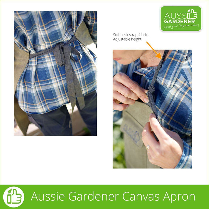 Two photos showing the soft adjustable waist and neck straps. on the Aussie Gardener Canvas Aprons