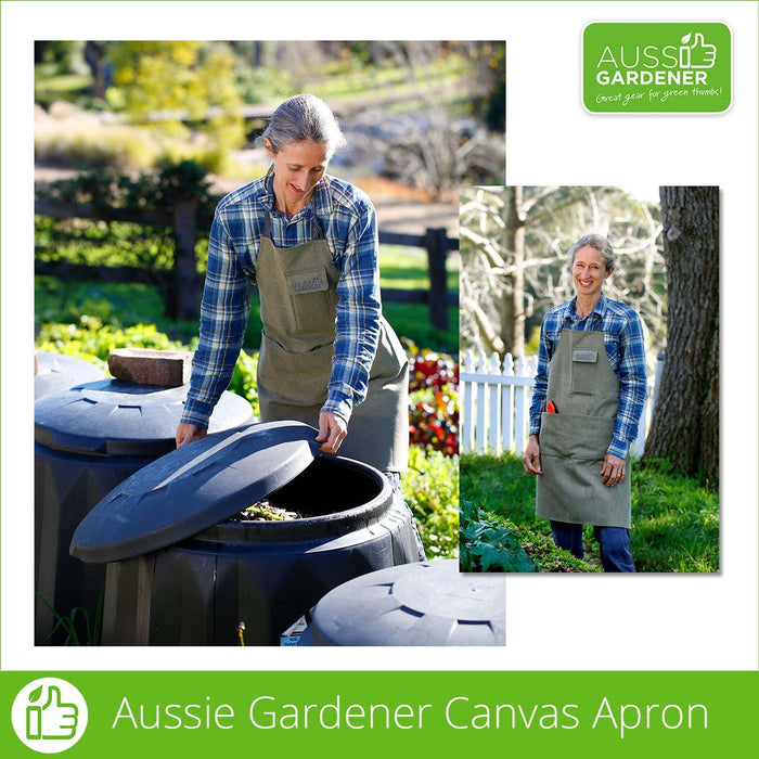 Woman in blue flannelette shirt wearing original green gardening apron whilst removing lid from a composter.This is a very hardwearing gardener apron that will be in use for many years to come. 