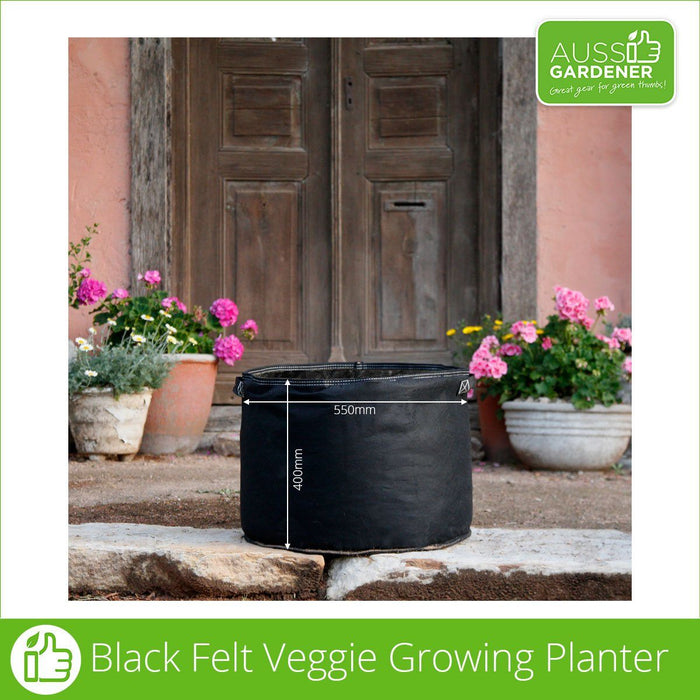 Photo showing dimensions of Black Felt Planter Bags, 400 millimetres high and 550 millimetres wide.