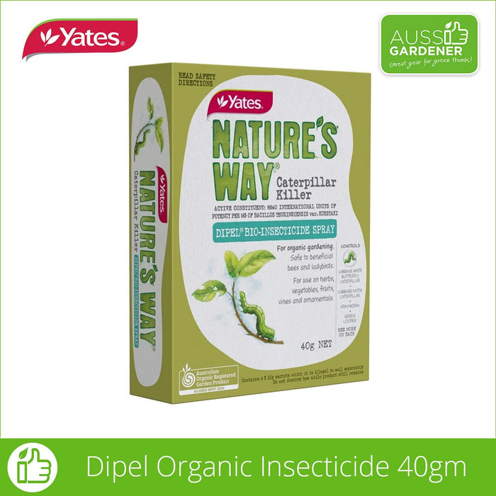 Picture shows a 40gm box of Yates Nature's Way Caterpillar Insecticide spray