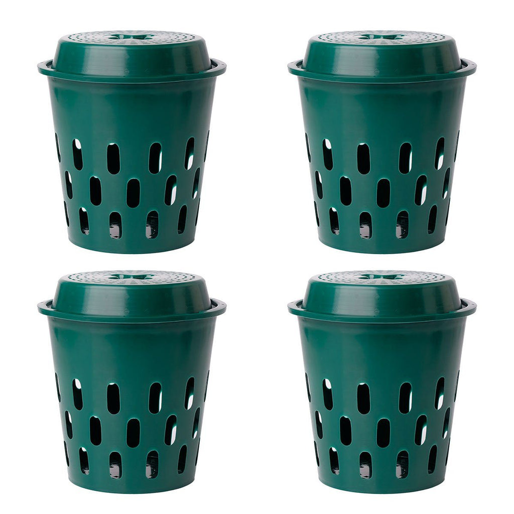 Four identical dark green plastic compost bins with ventilated sides and fitted lids, shown on a white background in a two-by-two layout.