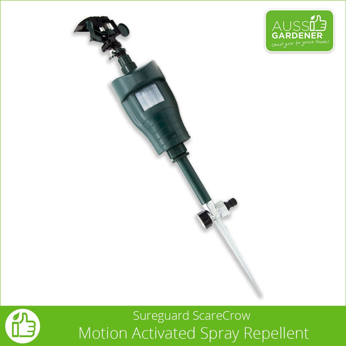 Product photo of SureGuard Scarecrow Motion Activated Spray Repellent with Aussie Gardener branding. The device is shown on a plain white background. The device has a built-in sensor that sprays water to scare away unwanted animals, and is designed to be connected to a garden hose.