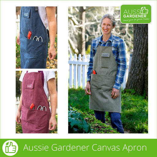 Three photos of a woman in a blue flannelette shirt wearing gardening apron gardening clothes for women in navy, plum and original green colours. The apron pockets are shown holding a pruning saw and gardening scissors.