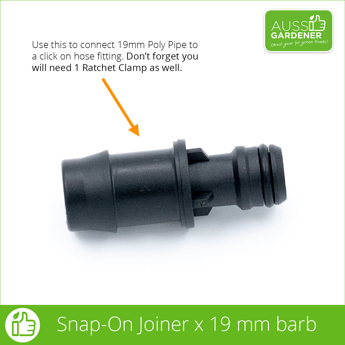 Click-On Joiner to connect 19mm pipe to a garden hose Irrigation Antelco 