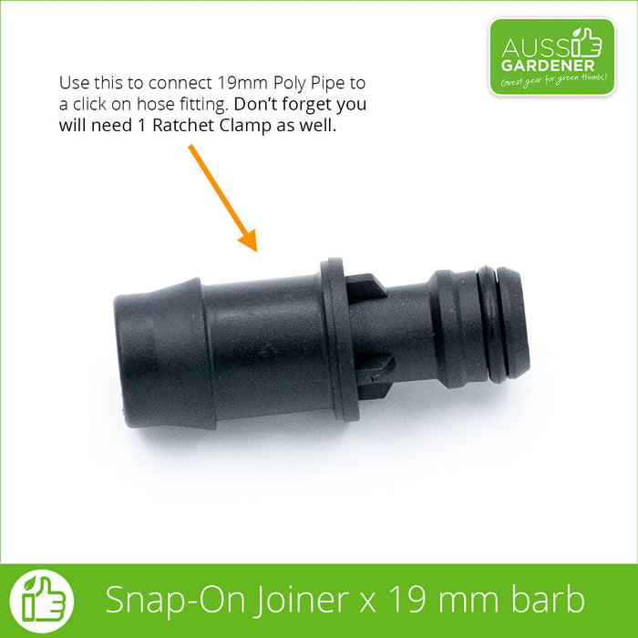 Snap/click-on joiner, connects a hose to 19mm poly pipe.