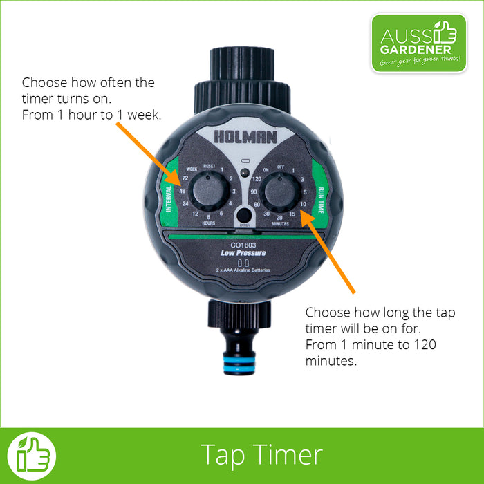 Holman Low Pressure Tap Timer, set the interval and run time