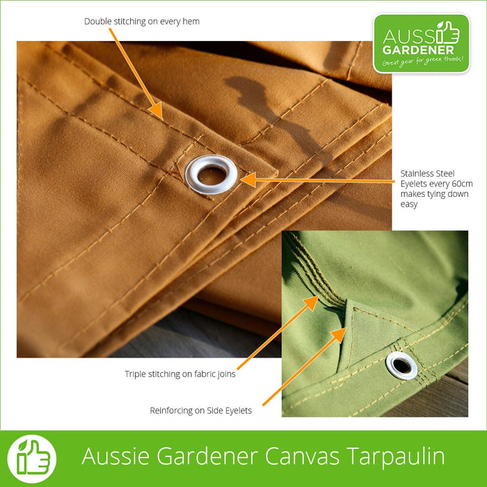 Two photos showing both colours tan and green. Arrows pointing to the tarps highlight the double stitching on every hem, the triple stitching on fabric joins, the stainless steel eyelets every 60cm along the edge, and the reinforced fabric around the eyelets.