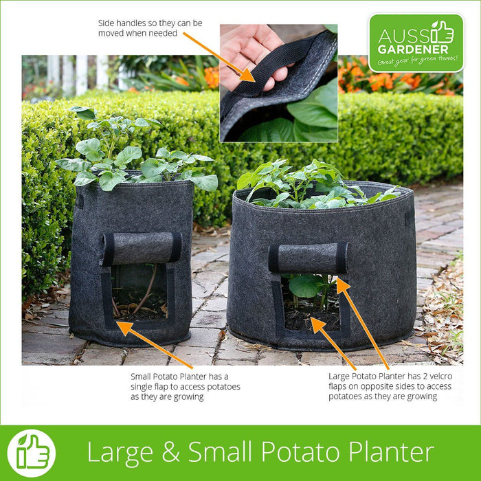 One photo showing the side handles on the potato growing kit that allows them to be moved when needed. Second photo shows the small and large Potato growing sacks with it’s access flaps open to show how potatoes can be accessed as they grow. When potato growing in bags it’s important to be able to access the potatoes easily. 