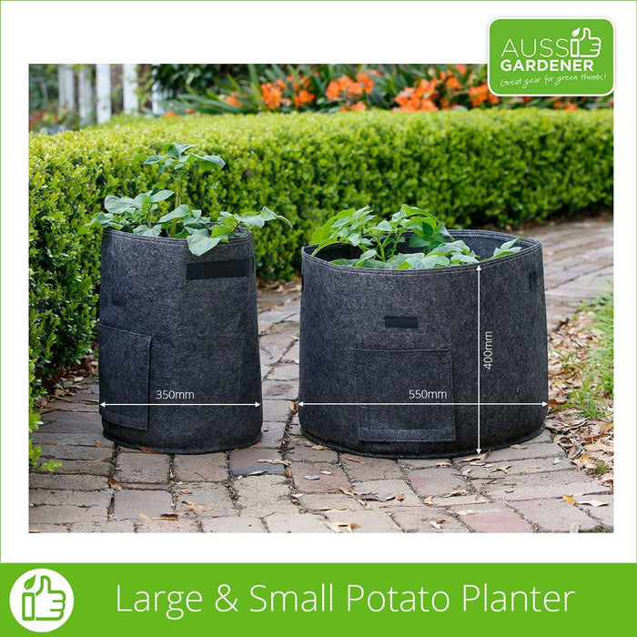If you are searching for potato grow bags australia here is the 2 sizes we offer along with their dimensions. The large bag is 55cm wide and 40cm tall. The small potato bag is 35cm wide and 45cm tall. These really are the best potato grow bags because they are strong and made from foodsafe materials. 